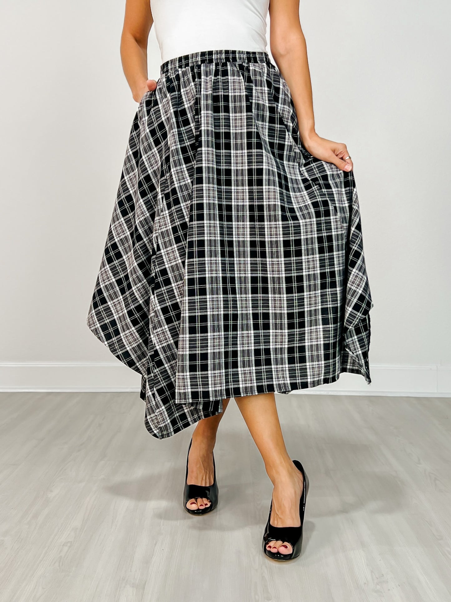 Plaid Unevenhem Midi Skirt