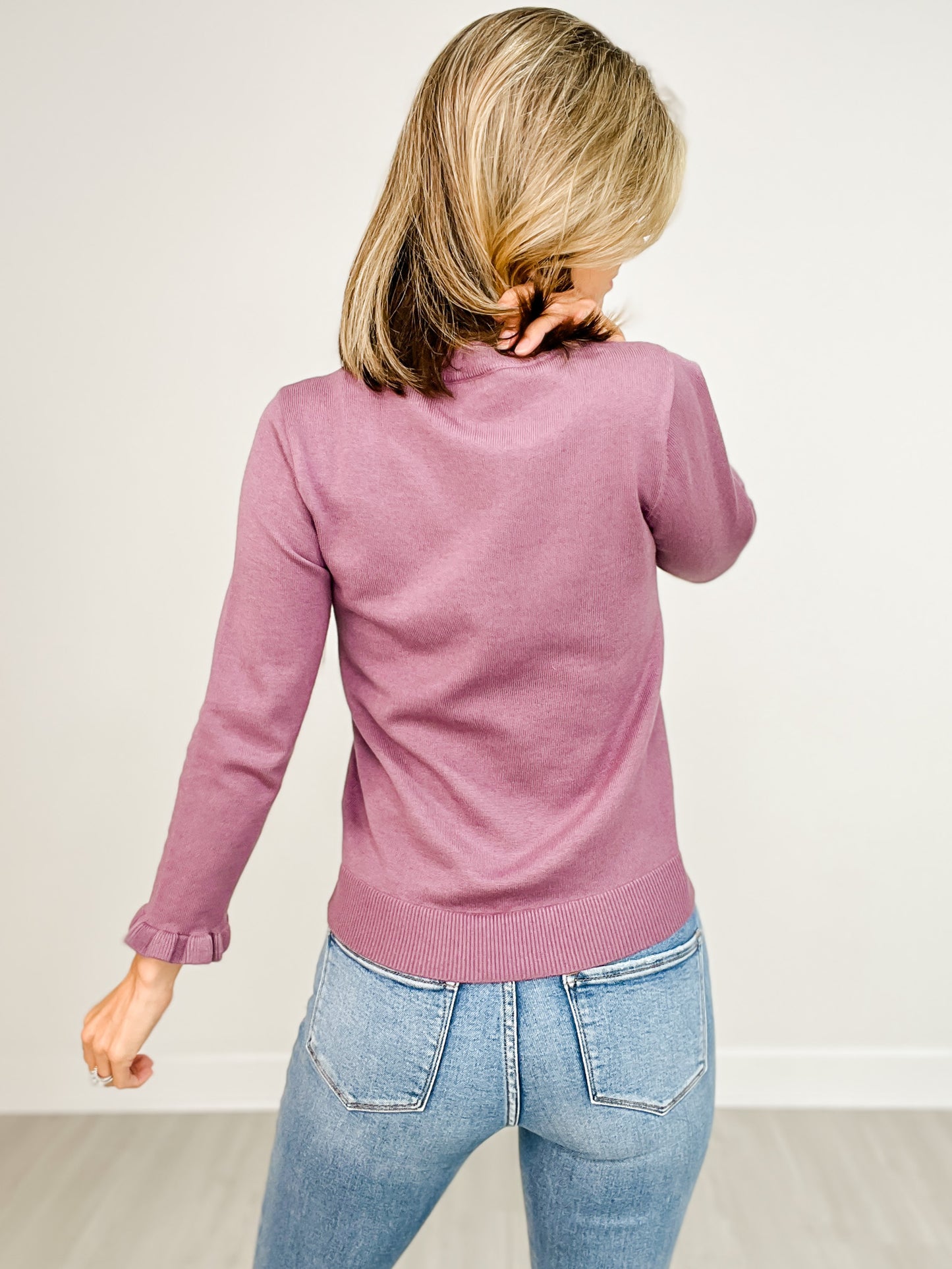 Boat Neck Solid Knit 3/4 Ruffle Sleeve Top