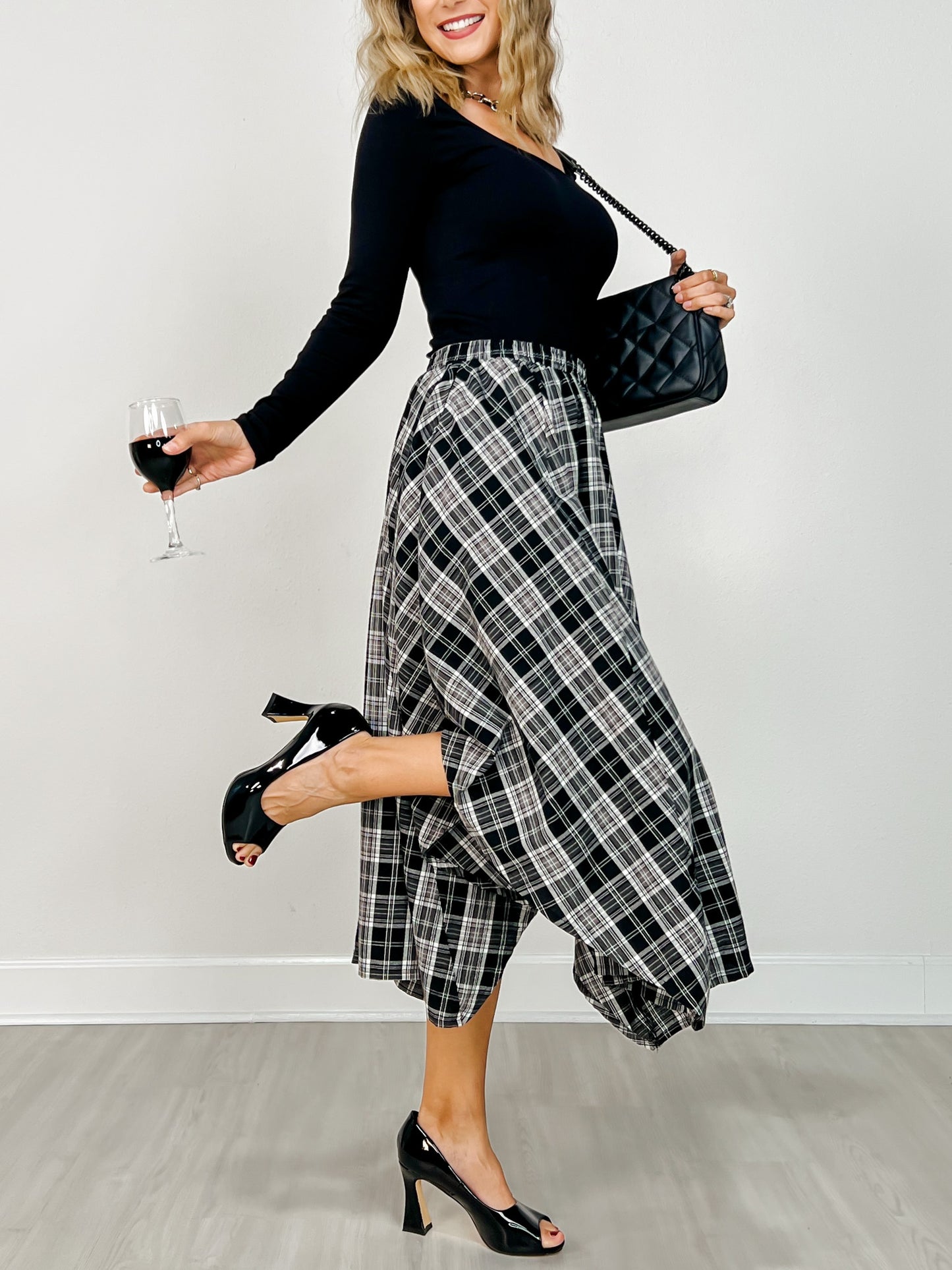 Plaid Unevenhem Midi Skirt