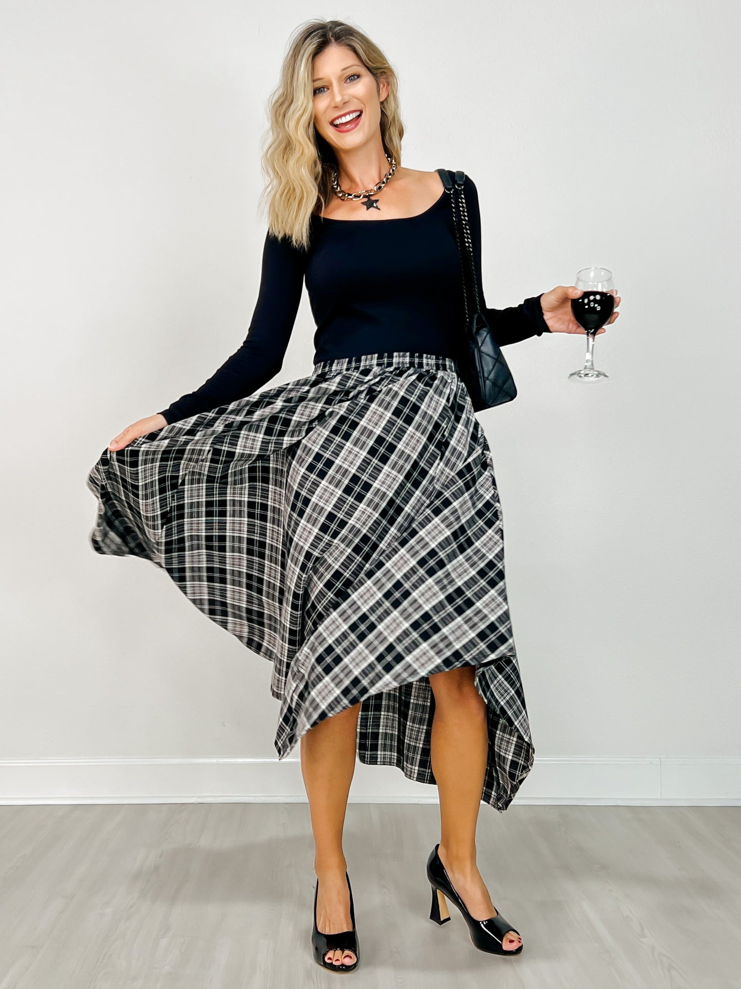 Plaid Unevenhem Midi Skirt