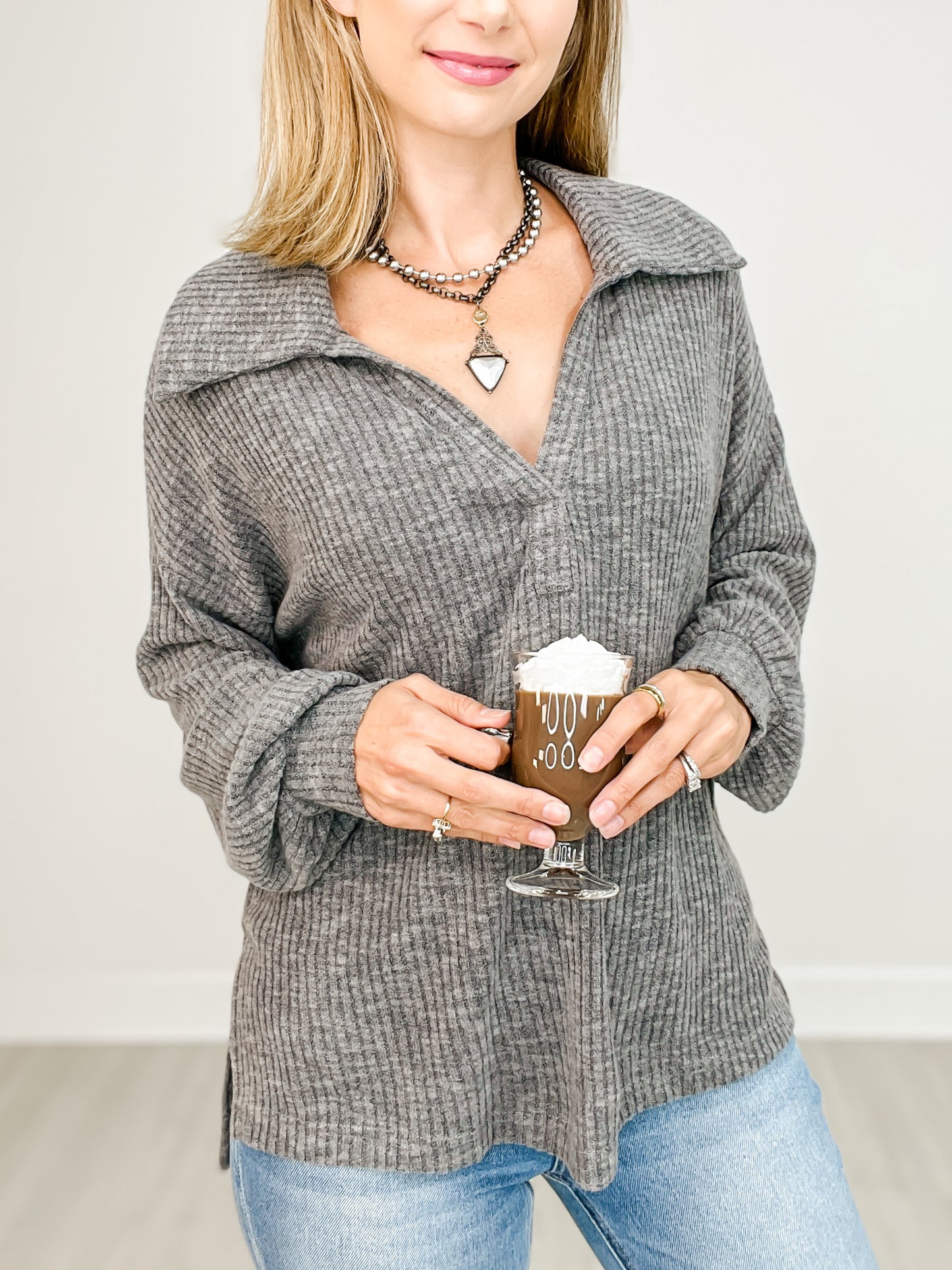 Open Neck Long Sleeve Knit Top with Hi-Lo Hem and Side Slits