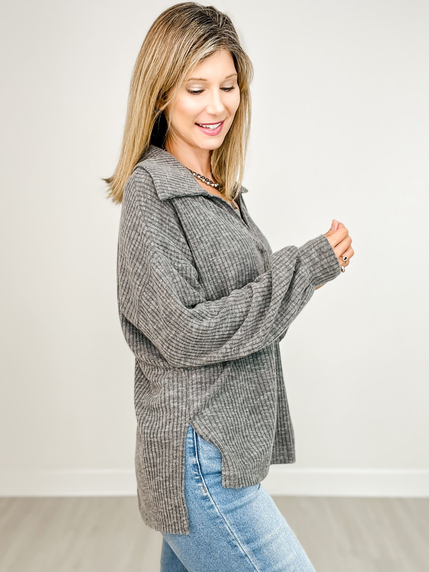 Open Neck Long Sleeve Knit Top with Hi-Lo Hem and Side Slits