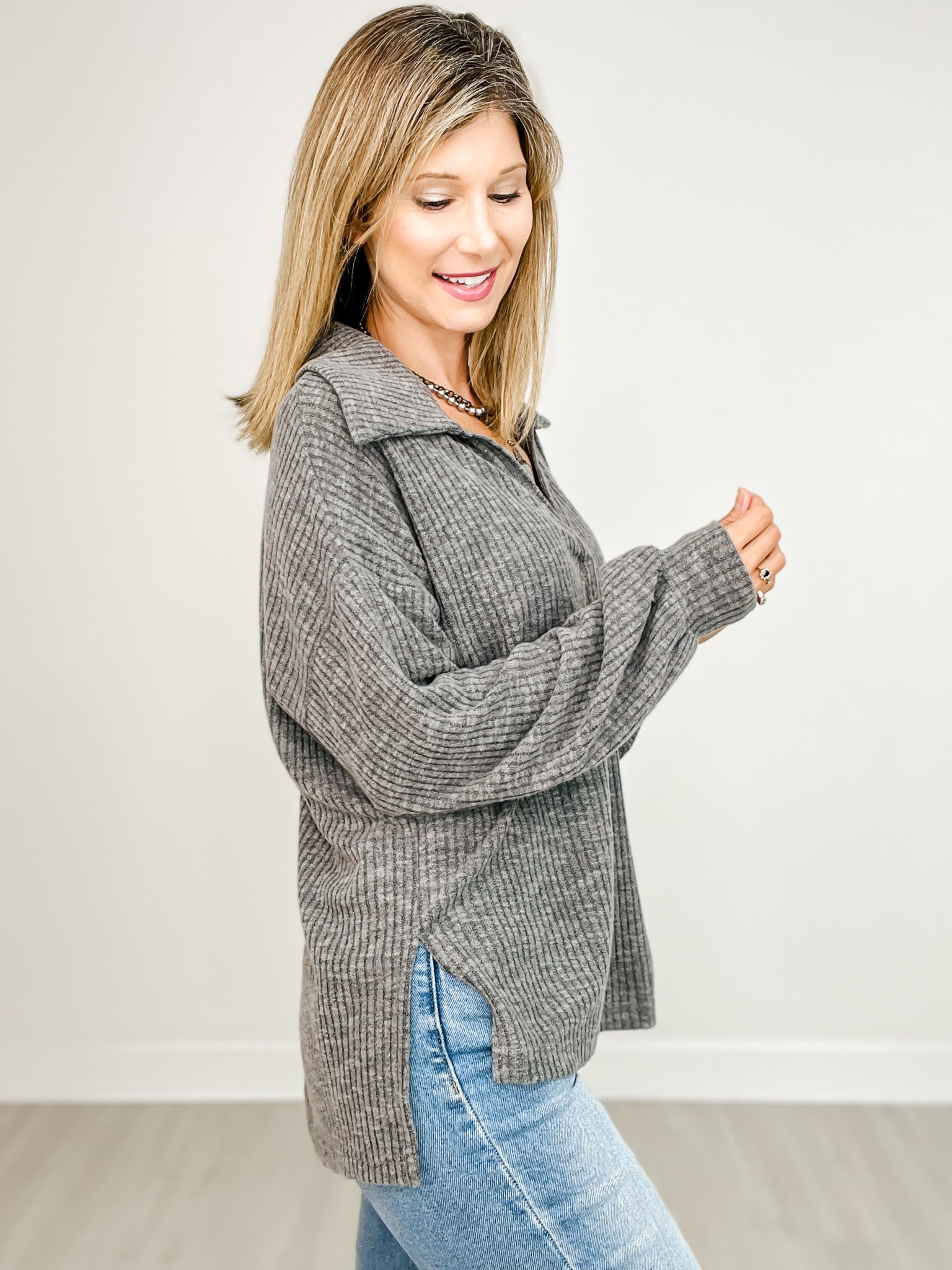 Open Neck Long Sleeve Knit Top with Hi-Lo Hem and Side Slits