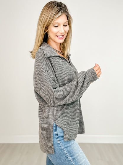 Open Neck Long Sleeve Knit Top with Hi-Lo Hem and Side Slits