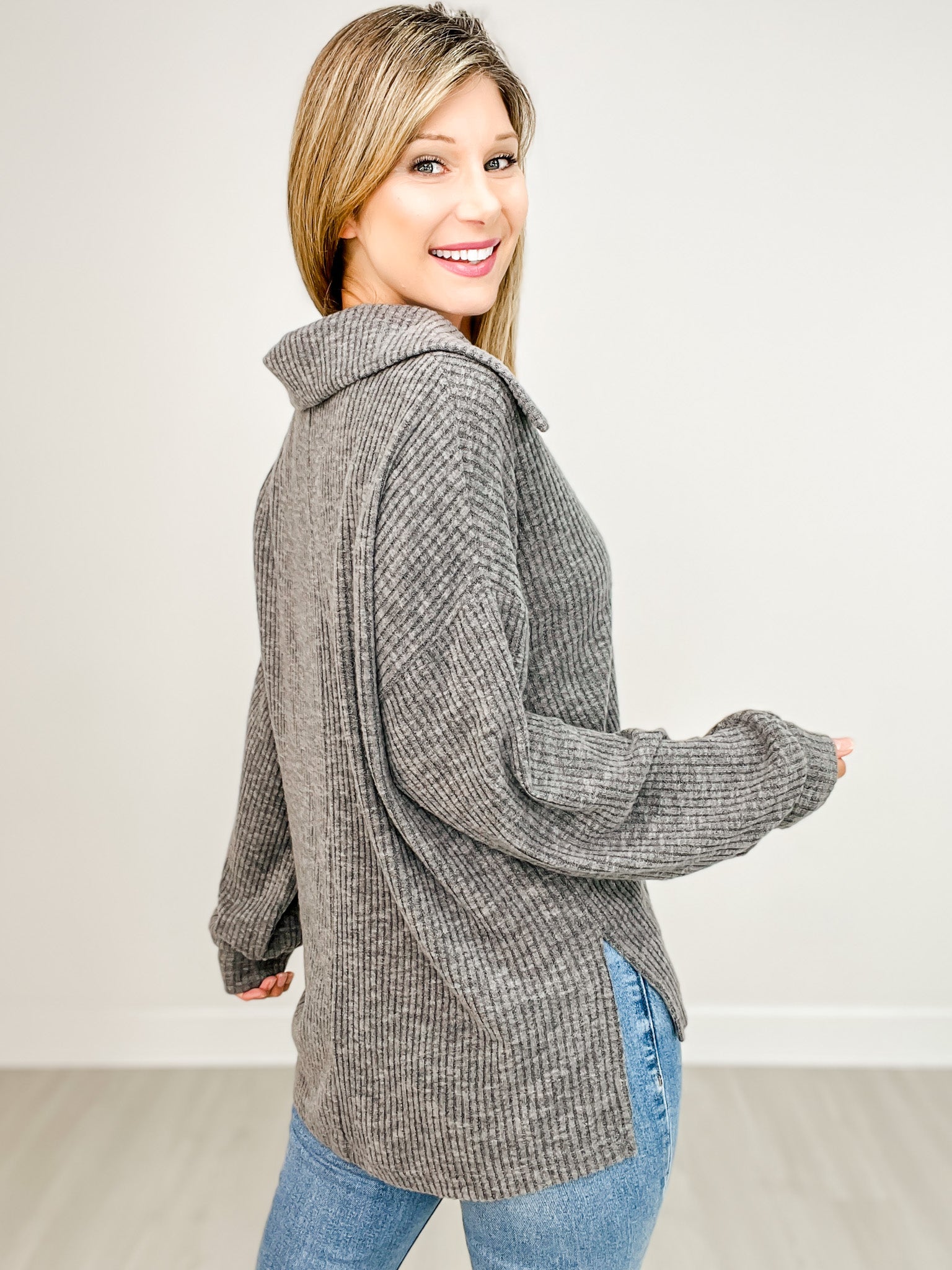 Open Neck Long Sleeve Knit Top with Hi-Lo Hem and Side Slits