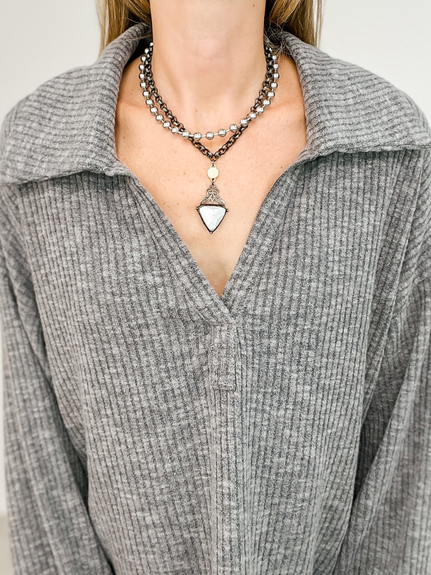 Open Neck Long Sleeve Knit Top with Hi-Lo Hem and Side Slits