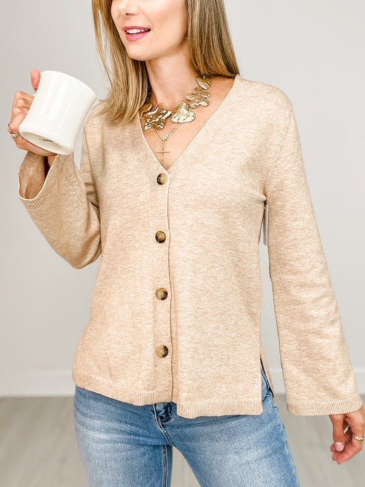 Long Sleeve Solid Knit V-Neck Button Down Top