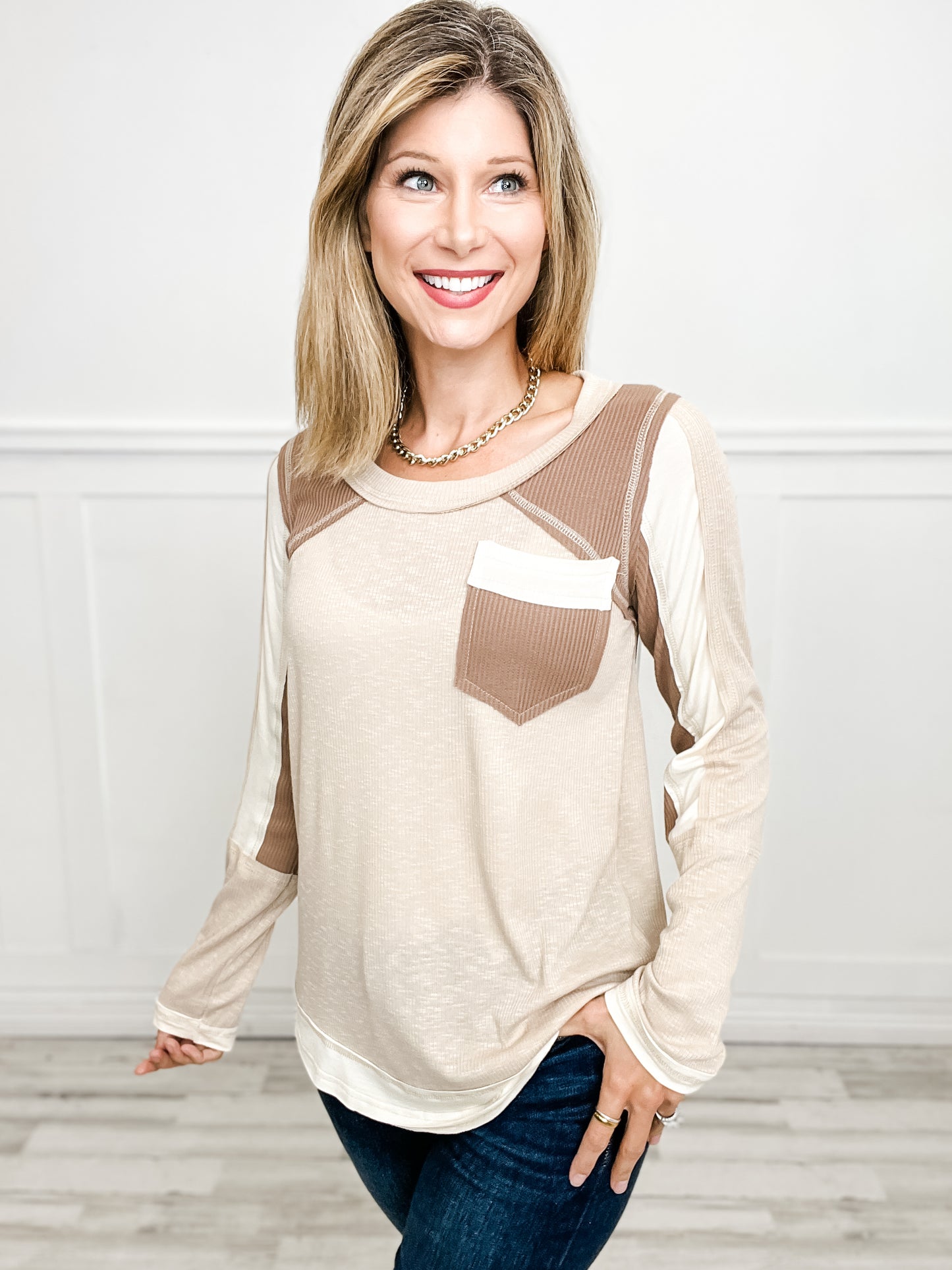 Long Sleeve Color Contrast Top with Front Accent Pocket