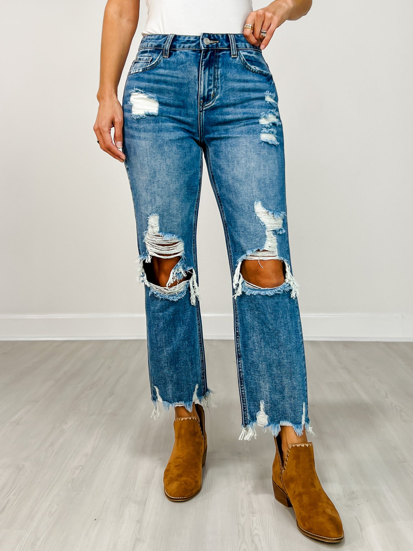 High Rise Distressed Crop Straight Rigid Jeans