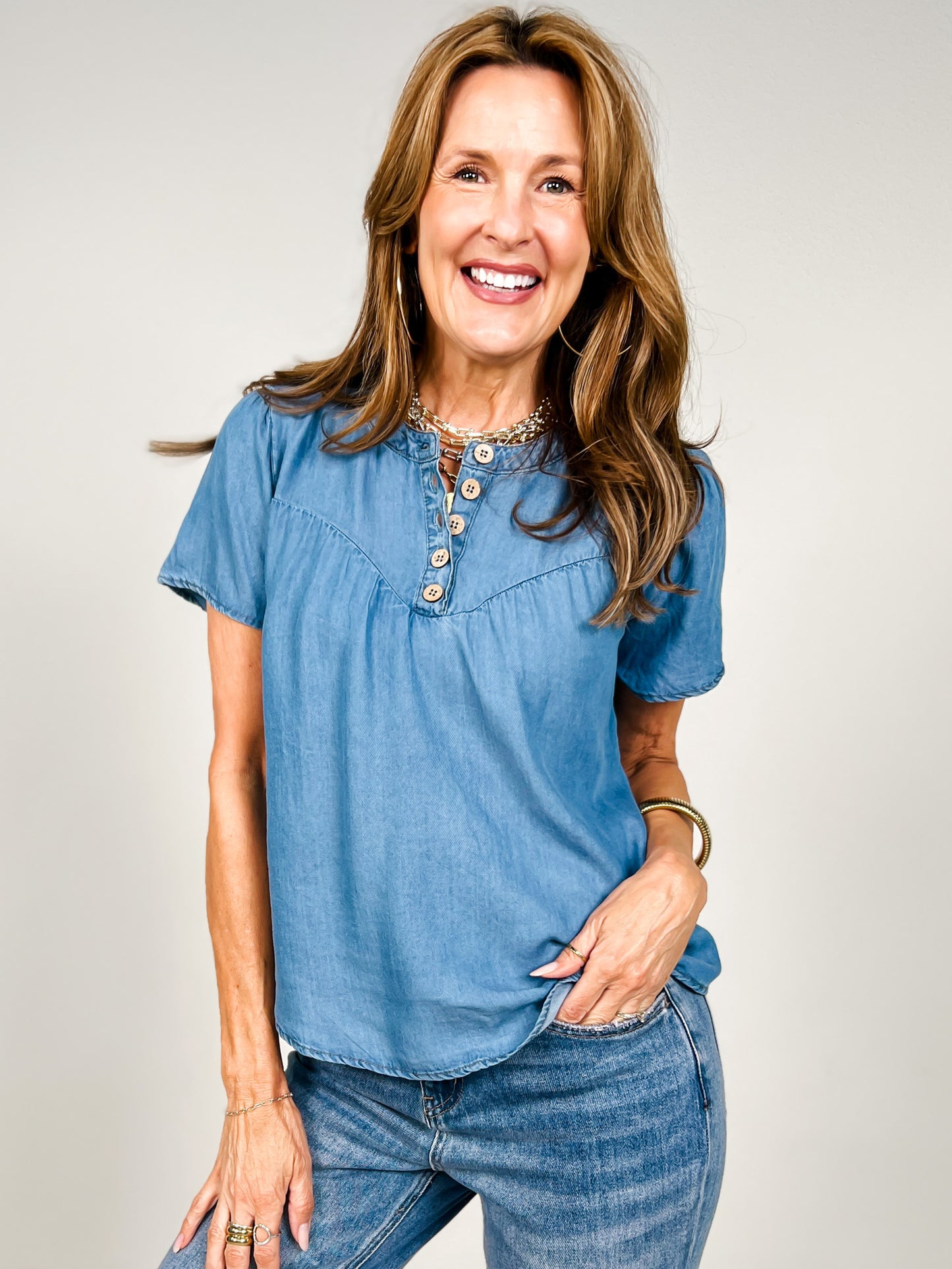 Chambray Half Button Yoke Detail Short Sleeve Top
