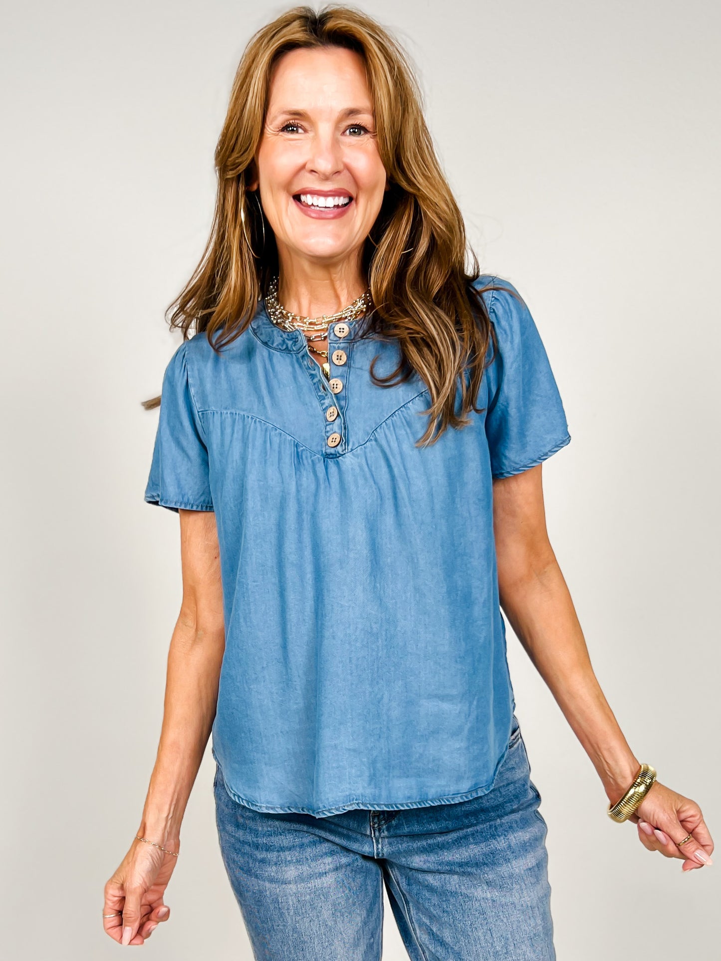 Chambray Half Button Yoke Detail Short Sleeve Top