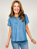 Chambray Half Button Yoke Detail Short Sleeve Top