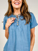 Chambray Half Button Yoke Detail Short Sleeve Top