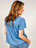 Chambray Half Button Yoke Detail Short Sleeve Top