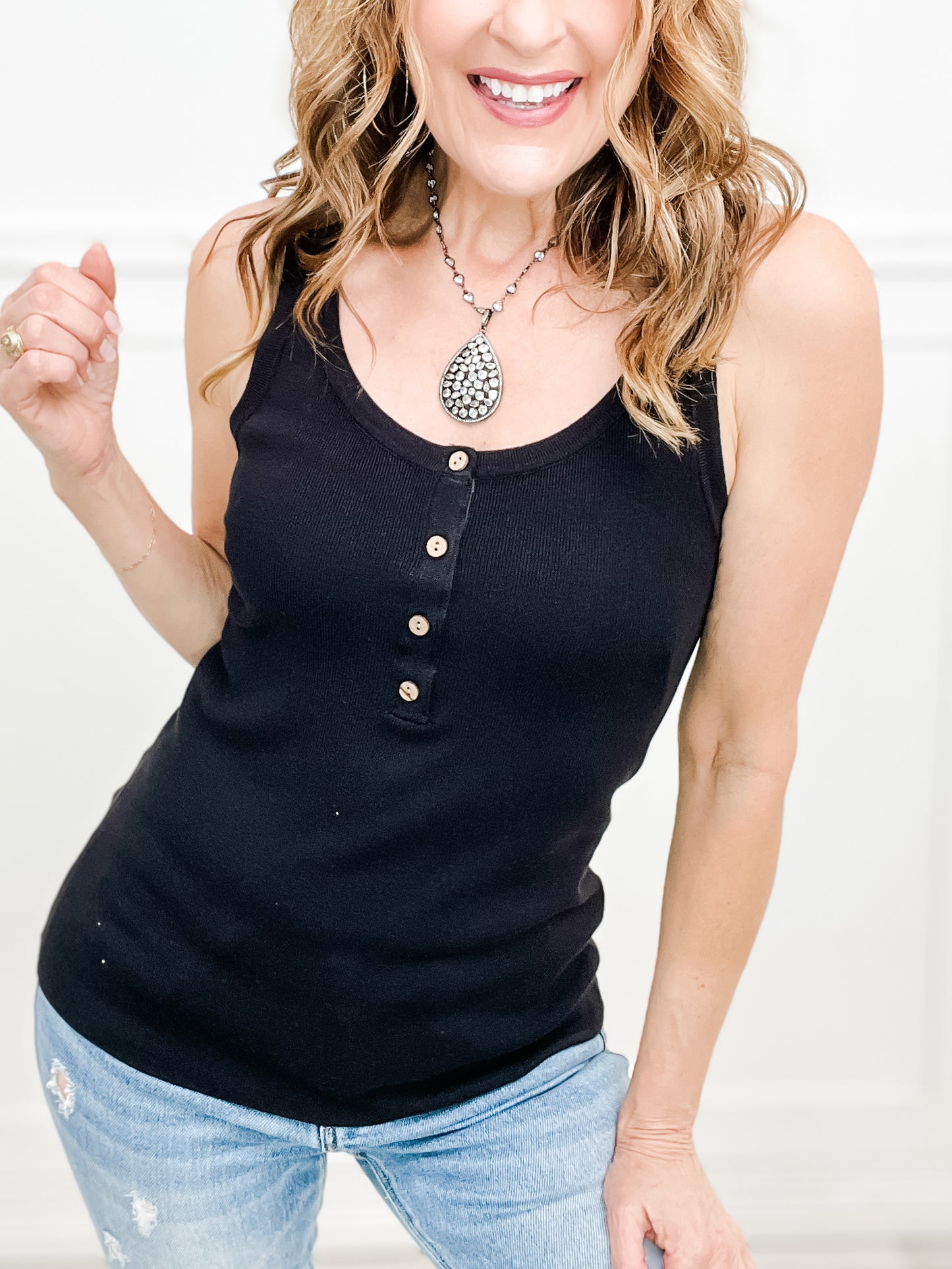 Knit Button Down Solid Henley Tank Top