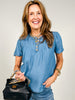 Chambray Half Button Yoke Detail Short Sleeve Top