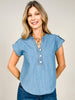 Split Neck Half Button Tab Sleeve Chambray Top