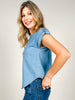 Split Neck Half Button Tab Sleeve Chambray Top