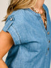 Split Neck Half Button Tab Sleeve Chambray Top
