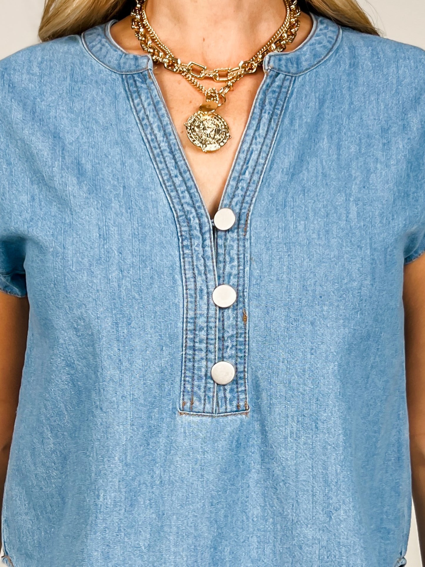 Split Neck Half Button Tab Sleeve Chambray Top