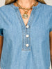 Split Neck Half Button Tab Sleeve Chambray Top