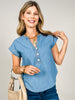 Split Neck Half Button Tab Sleeve Chambray Top