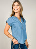 Split Neck Half Button Tab Sleeve Chambray Top
