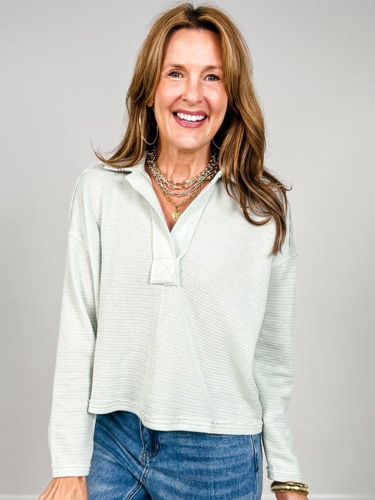 Exposed Seam Long Sleeve Textured Knit Polo