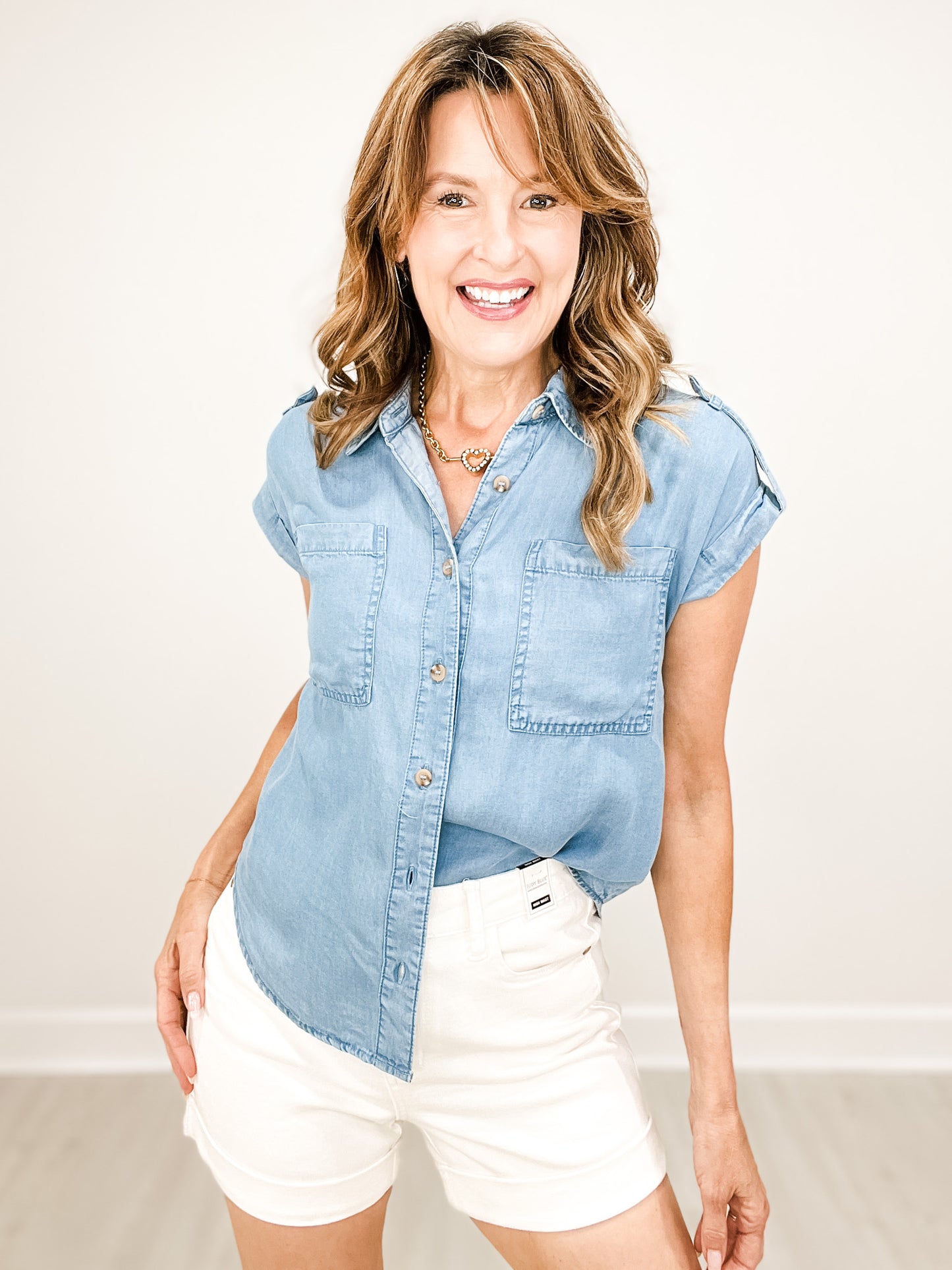 Collared Button-Down Cuff Sleeve Pintuck Top