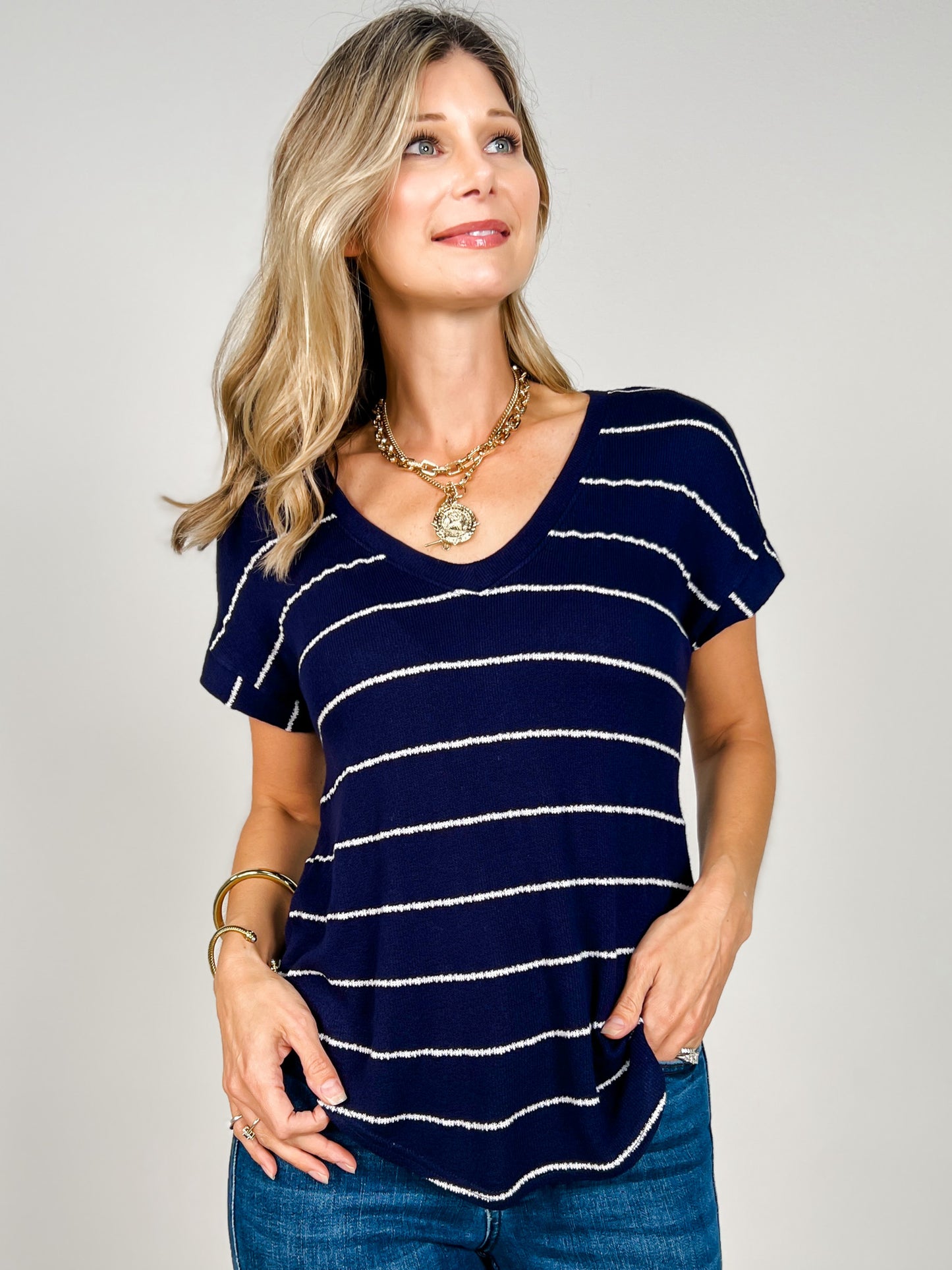 Striped V-Neck Cuffed Short Sleeve Knit Top
