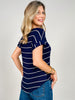 Striped V-Neck Cuffed Short Sleeve Knit Top