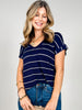 Striped V-Neck Cuffed Short Sleeve Knit Top