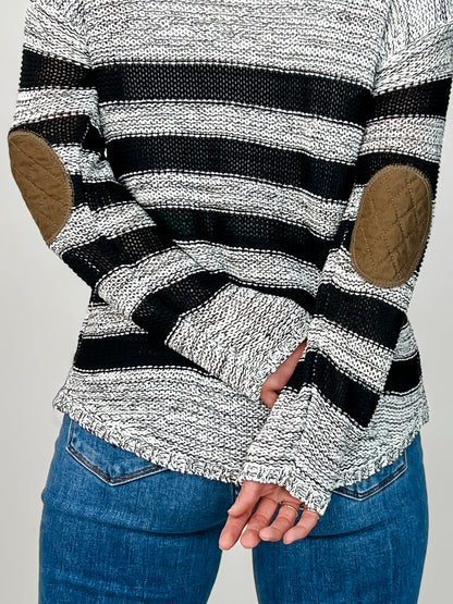 Boat Neck Long Sleeve Striped Knit Sweater