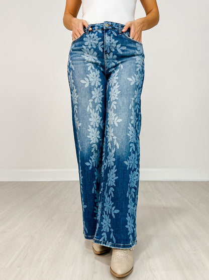 Daisy Digital Laser Print Stretch Wide Leg Jeans