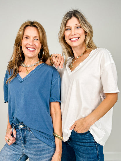 Washed Relaxed Short Sleeve V-Neck Knit Top