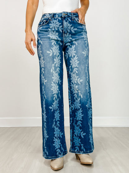 Daisy Digital Laser Print Stretch Wide Leg Jeans