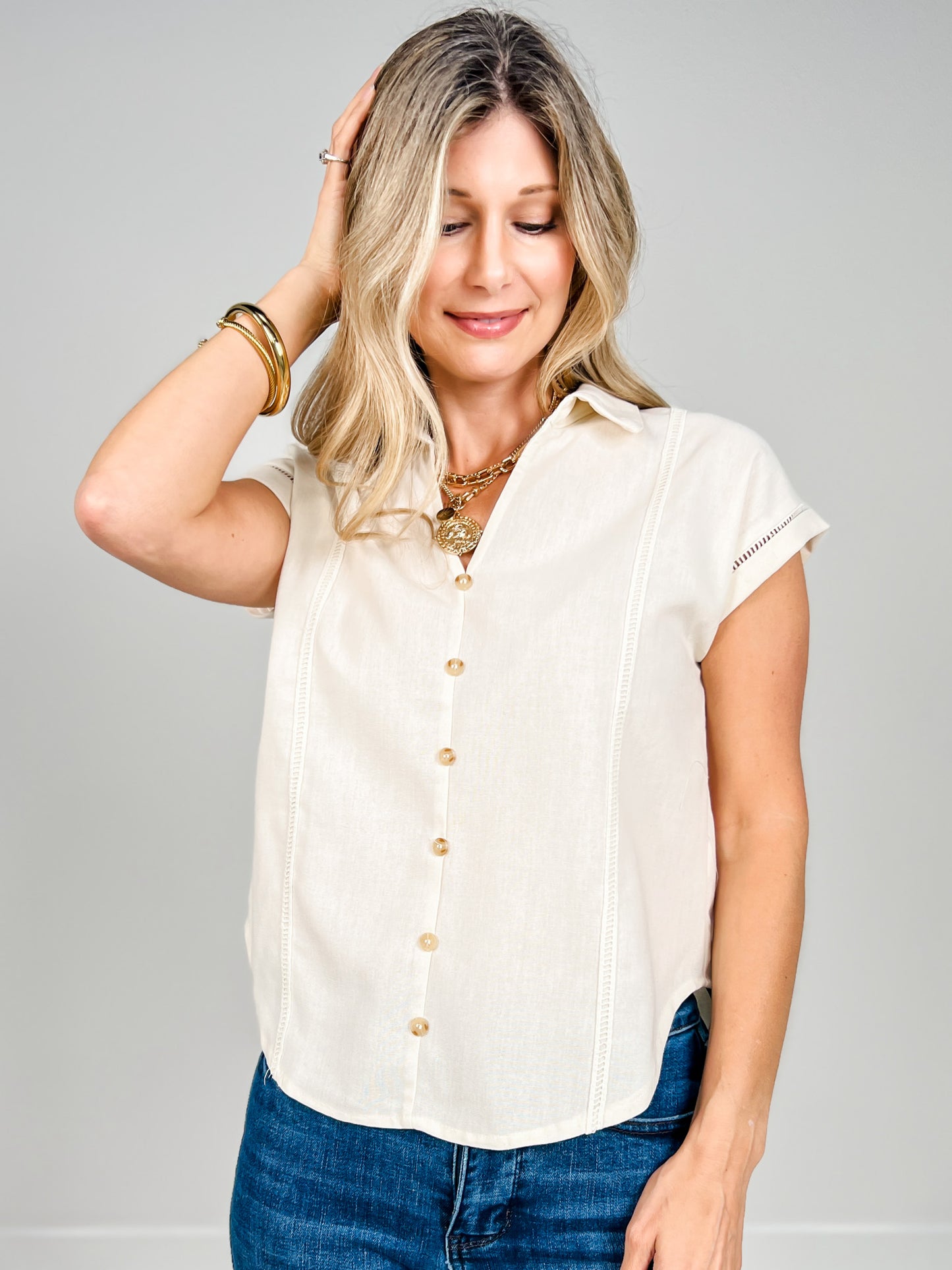 Collared V-Neck Button Down Line Lace Detail Top