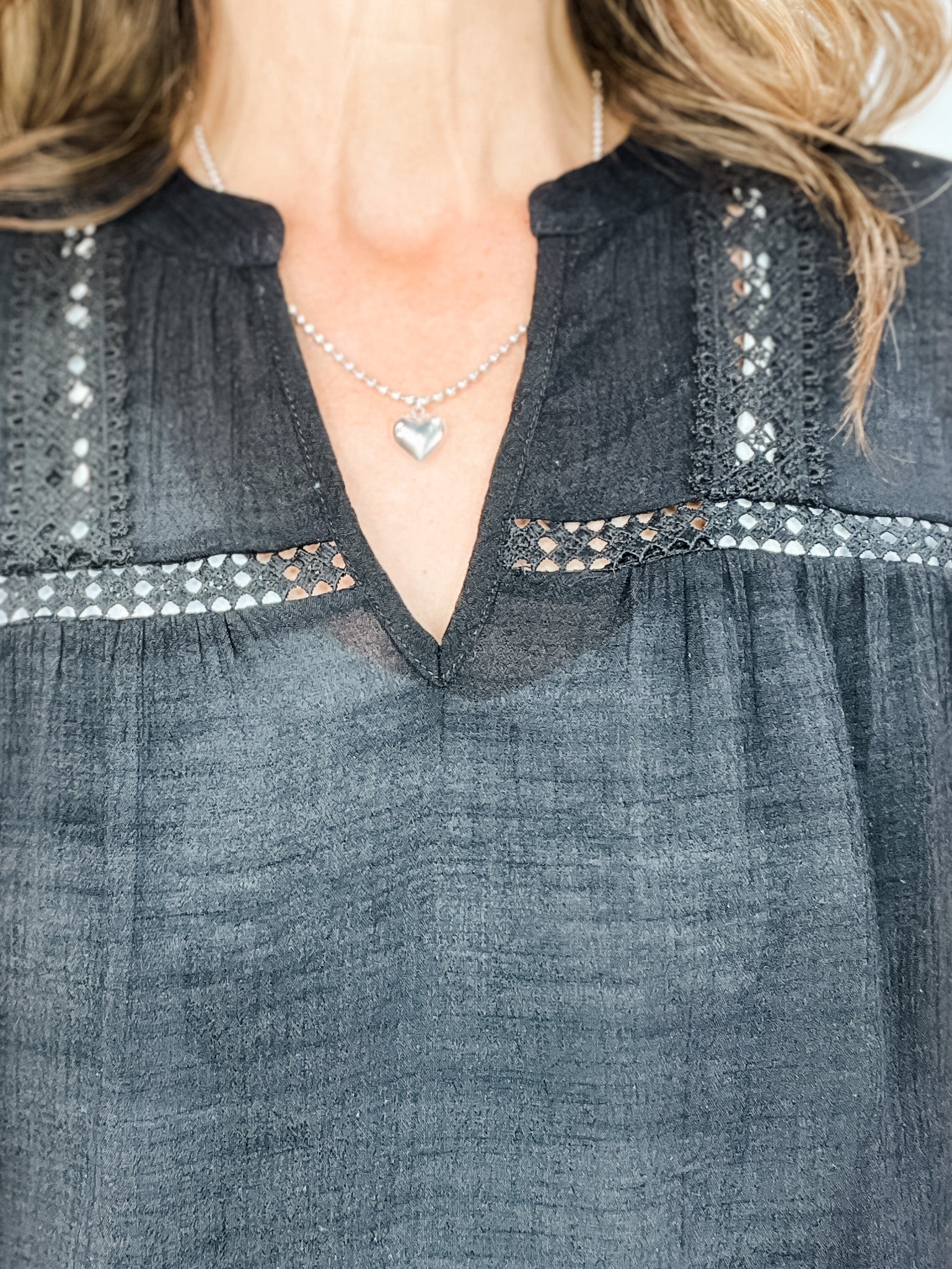Short Tab Sleeve Lace Trim Top with Split Neckline