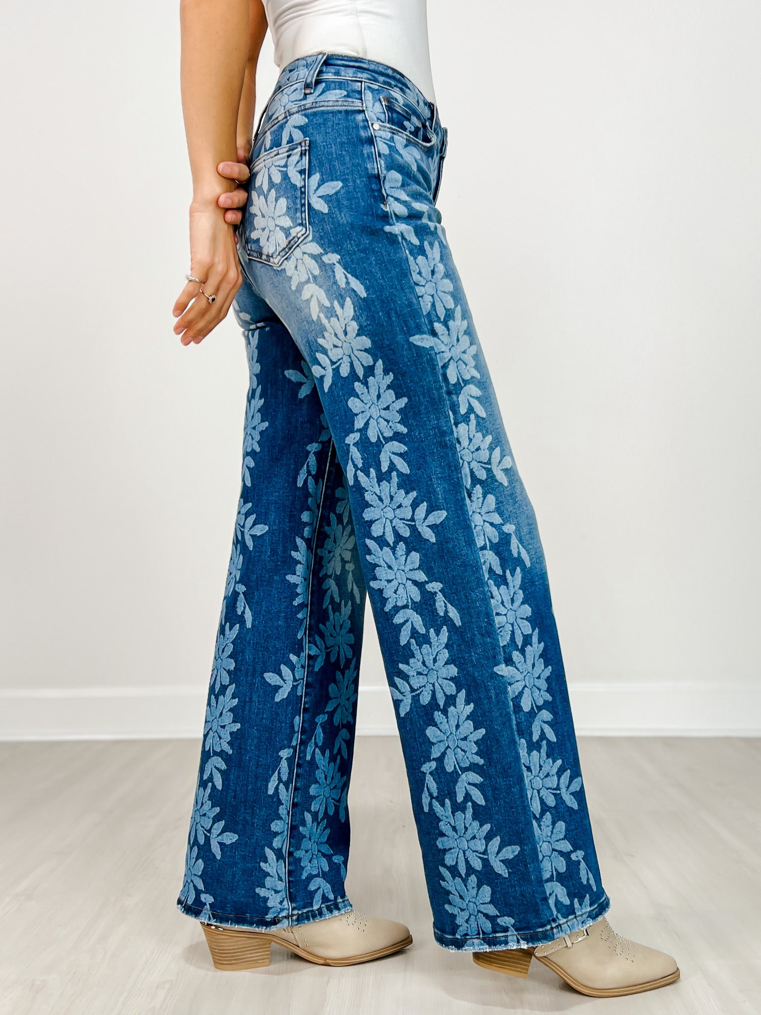 Daisy Digital Laser Print Stretch Wide Leg Jeans