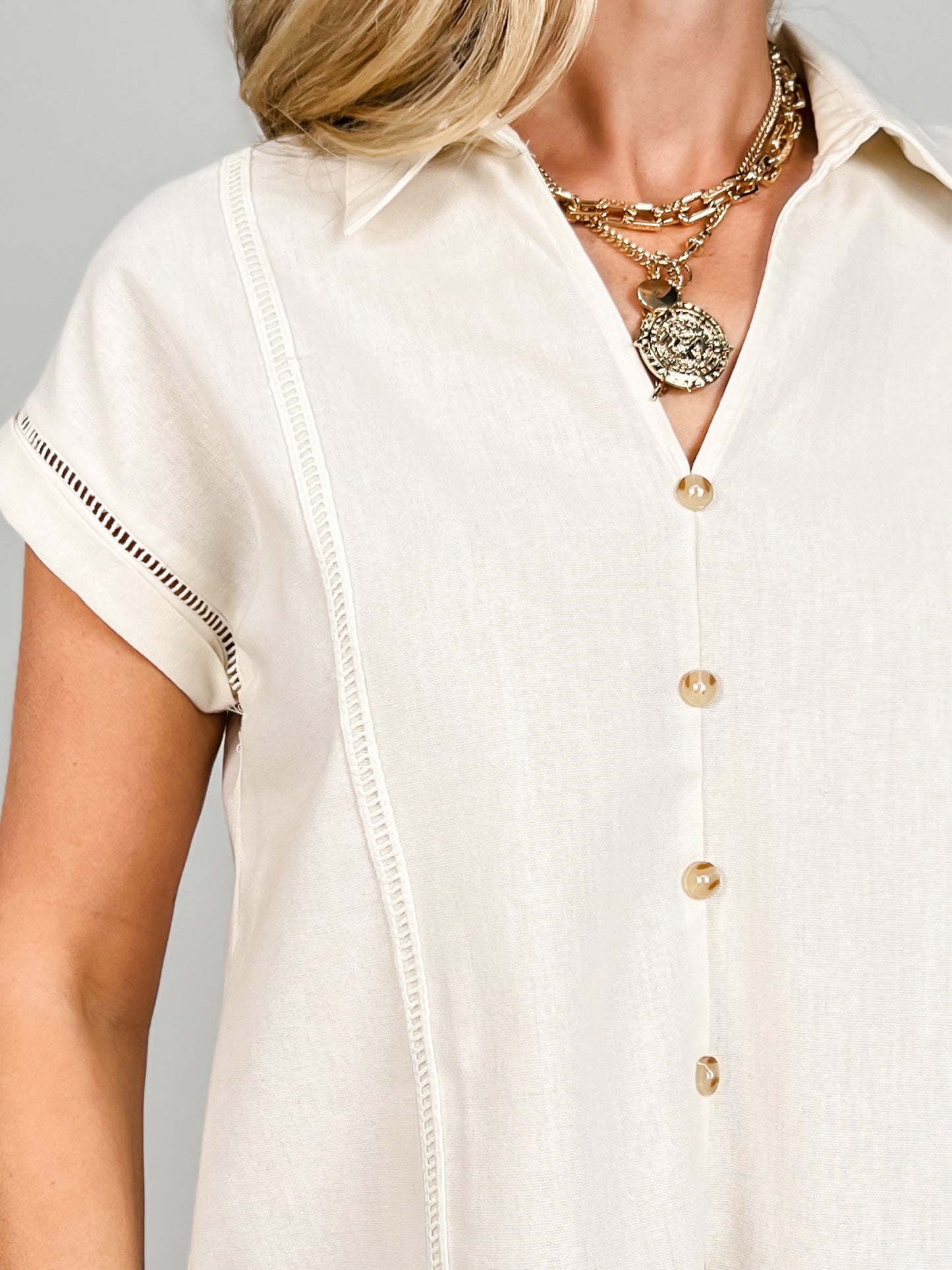 Collared V-Neck Button Down Line Lace Detail Top