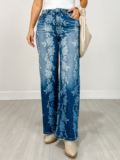 Daisy Digital Laser Print Stretch Wide Leg Jeans