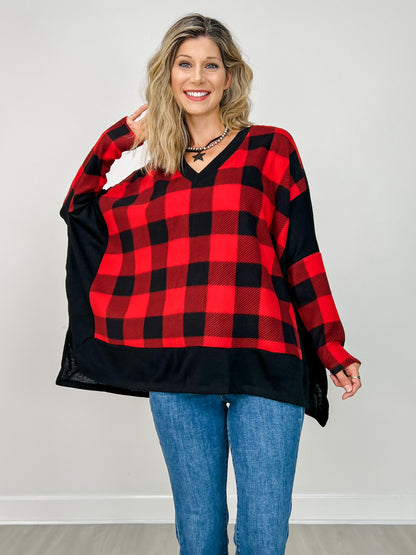 Long Sleeve V-Neck Check Knit Top