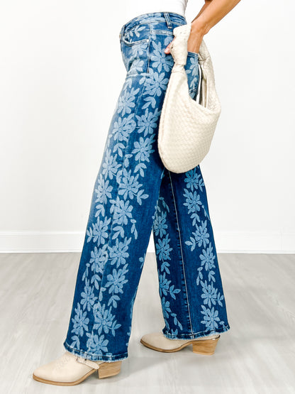 Daisy Digital Laser Print Stretch Wide Leg Jeans