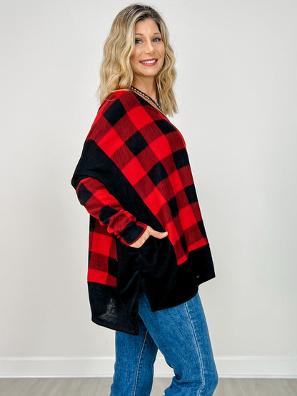 Long Sleeve V-Neck Check Knit Top