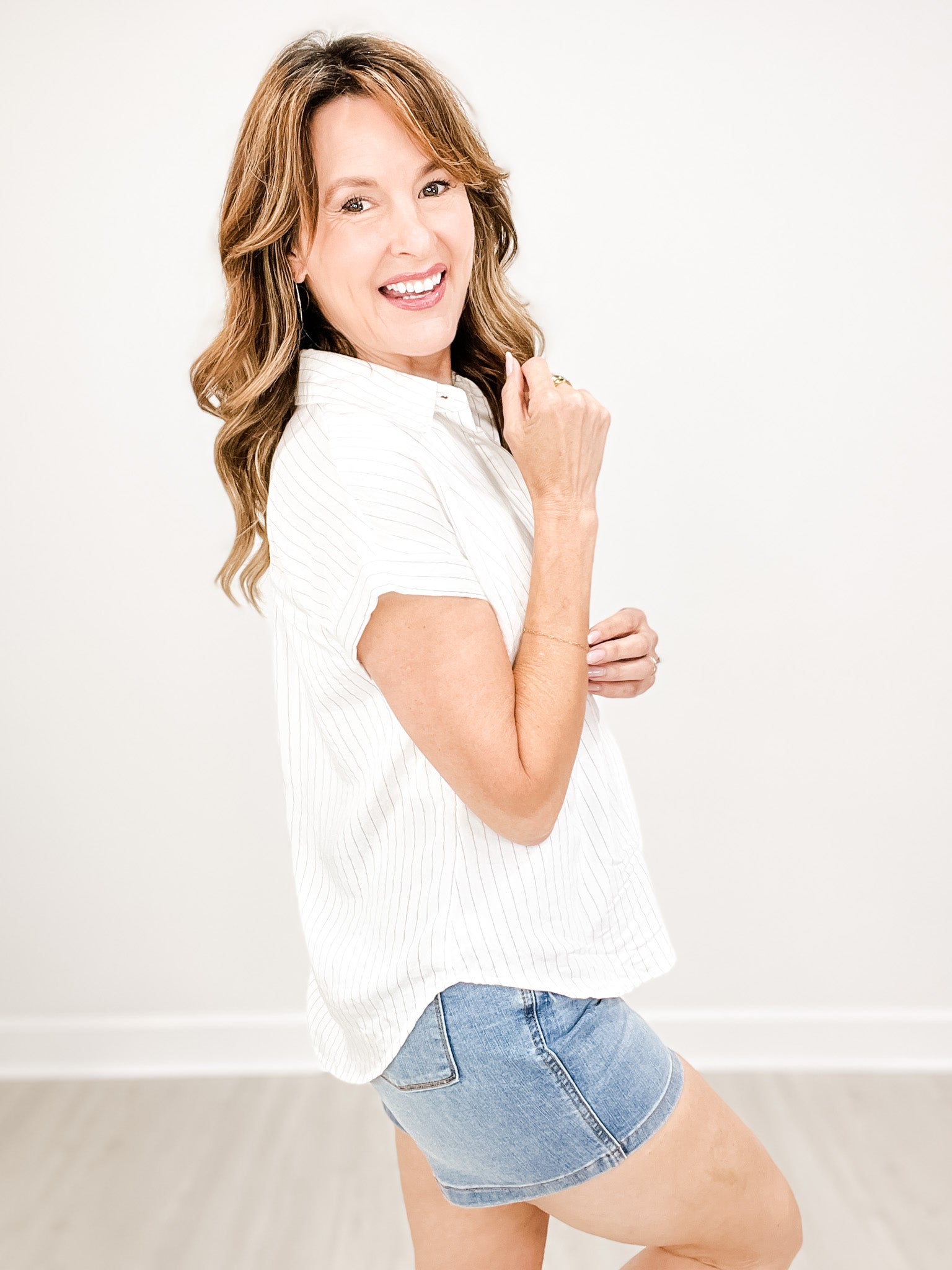 Pinstripe Button-Up Short Sleeve Collared Top