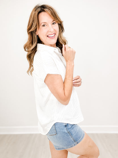 Pinstripe Button-Up Short Sleeve Collared Top