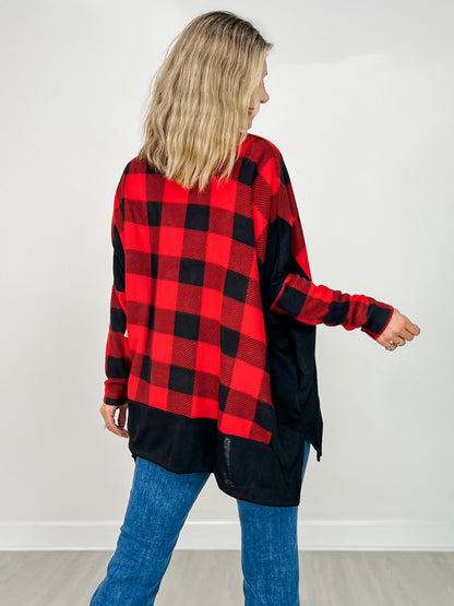 Long Sleeve V-Neck Check Knit Top