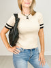 Short Sleeve Solid Knit Top with Striped Sleeve Hem