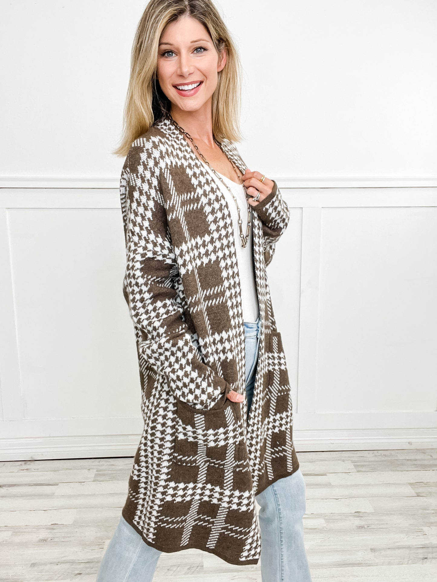 Long Length Houndstooth Open Front Cardigan