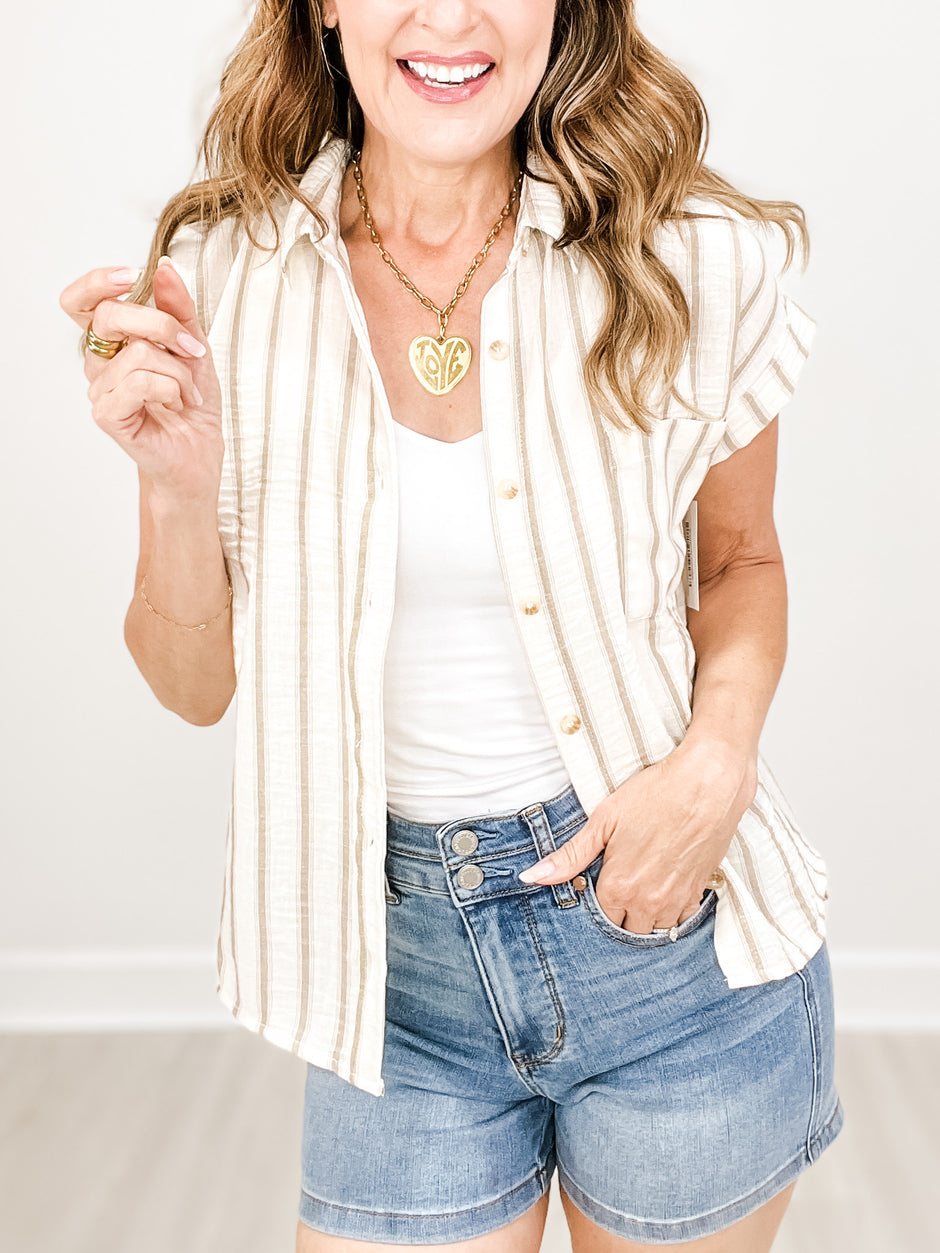 Striped Collared Short Sleeve Button Down Top